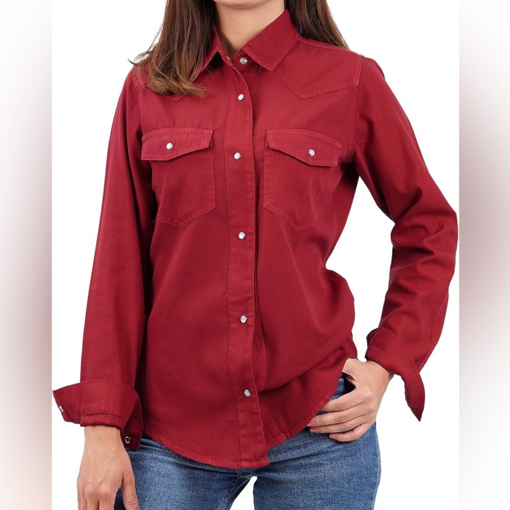L Diva Red Silky Shirt Button Down Collar Belt Two Front Pockets